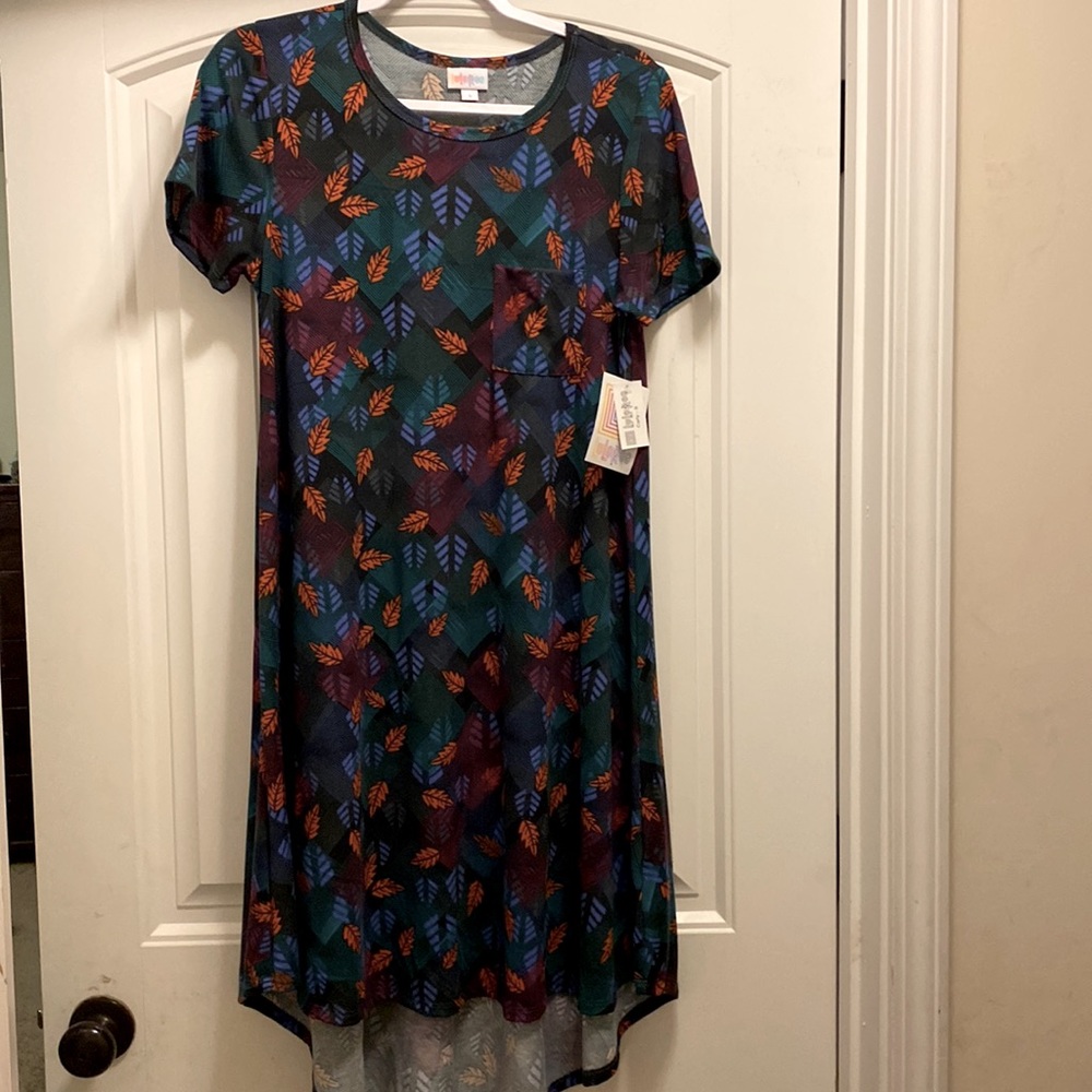 Carly swing lularoe dress; size small;black with green and purple with orange.